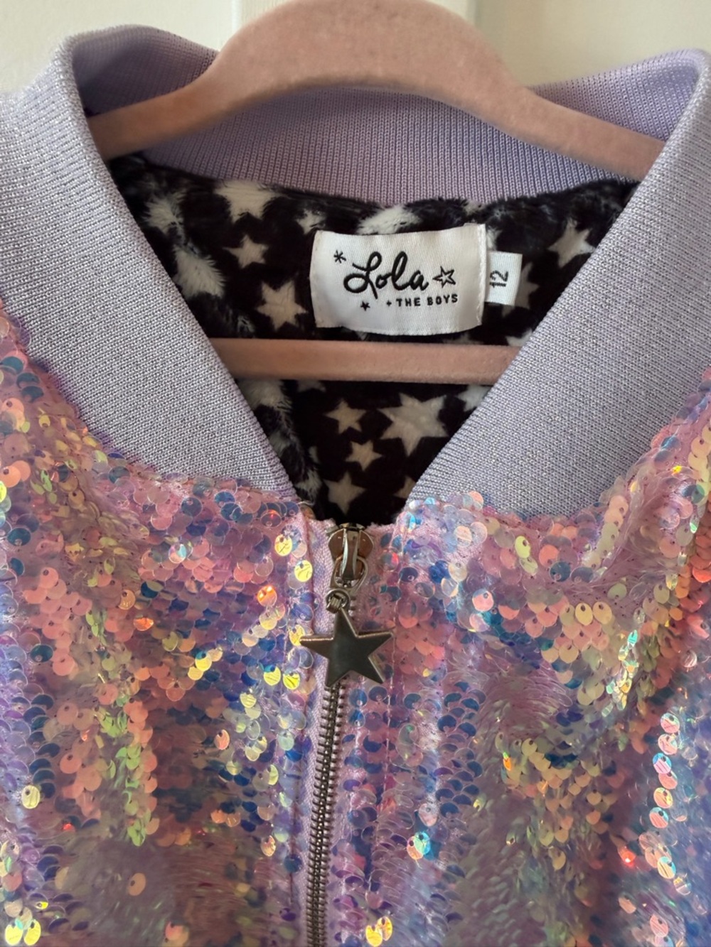 Lola and the Boys Girls Iridescent Sequin Bomber Jacket - Lavender size 12 - Picture 2 of 3